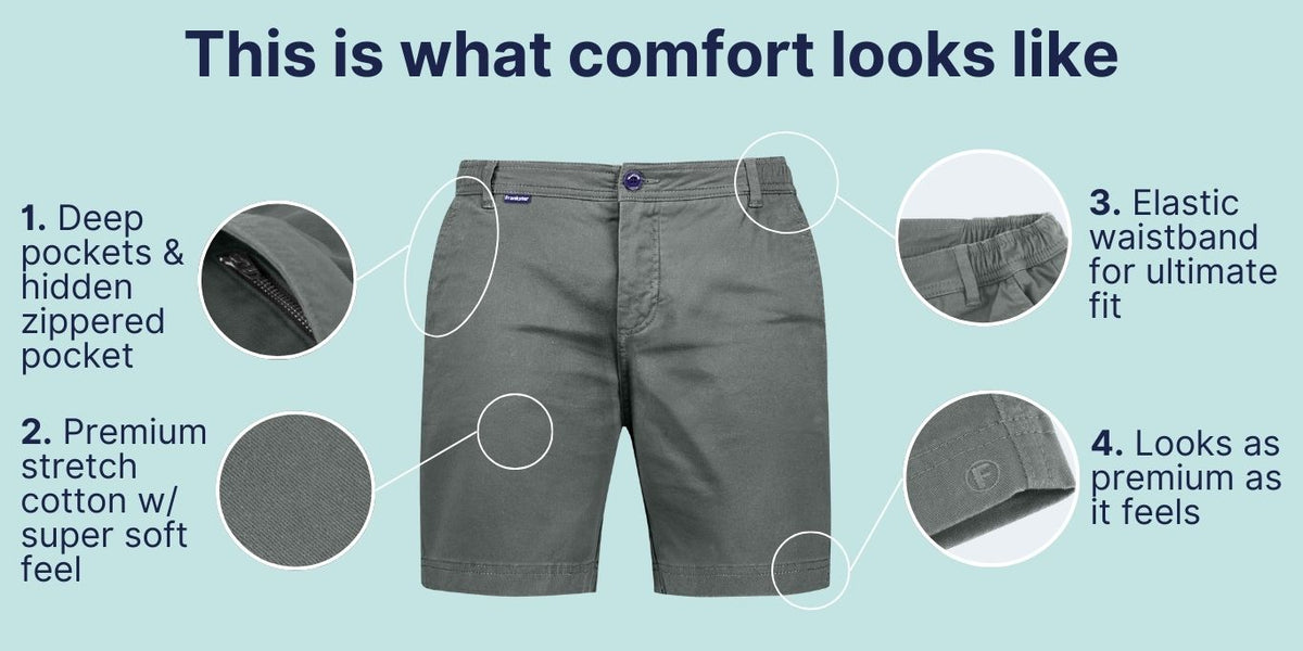 Gray men's shorts made from premium stretch cotton with a soft texture, featuring deep pockets including a hidden zippered pocket, and a partially elastic waistband for a comfortable, tailored fit.