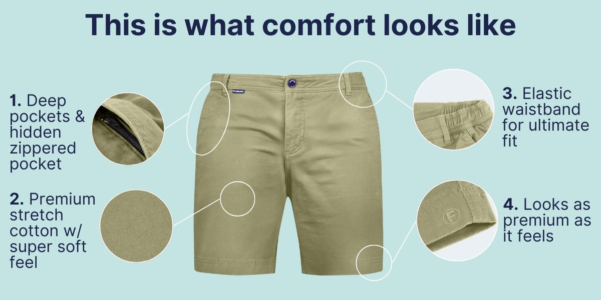 Light olive green men's shorts made from premium stretch cotton with a soft texture, featuring deep pockets including a hidden zippered pocket, an elastic waistband for a comfortable, tailored fit, and a neat hem highlighting quality and ease of wear.