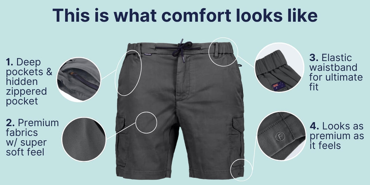Dark gray men's shorts made of premium soft fabric featuring deep pockets, hidden zipper pocket, elastic waistband, and neat stitching details