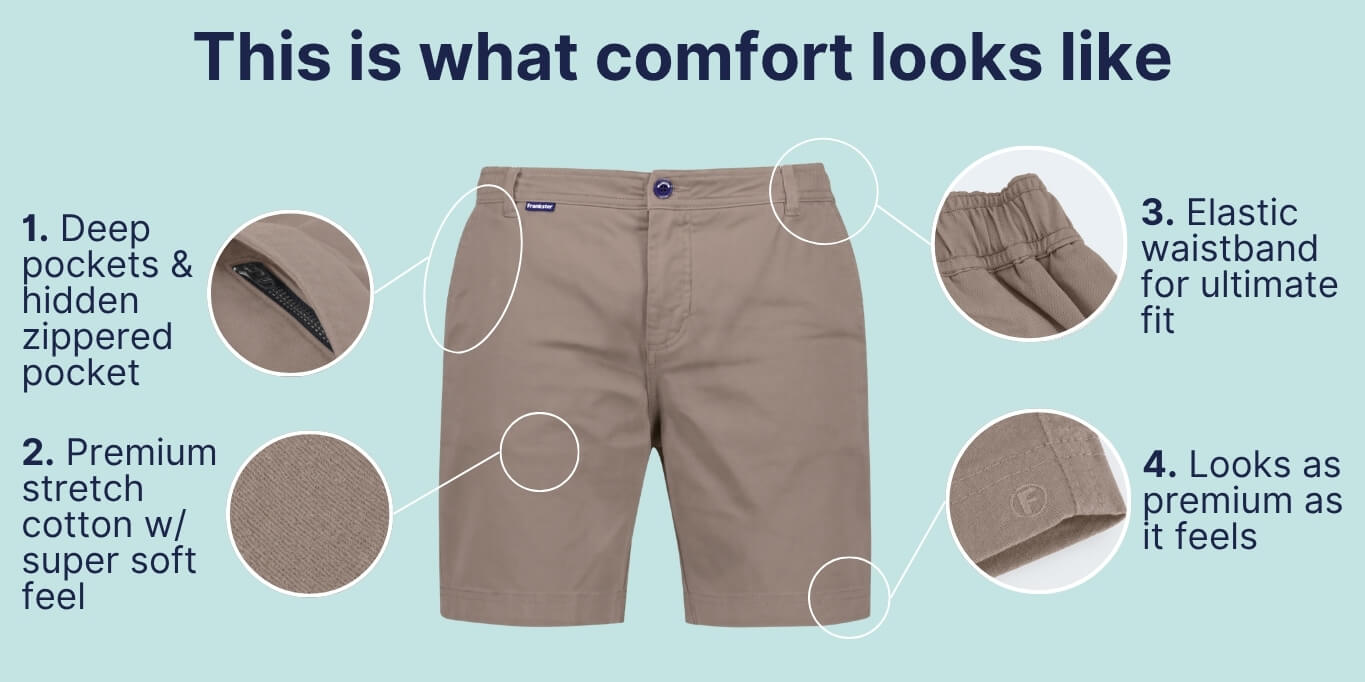 Beige men's shorts made from premium stretch cotton with a soft texture, featuring deep pockets, a hidden zip pocket, and an elastic waistband for a comfortable fit.