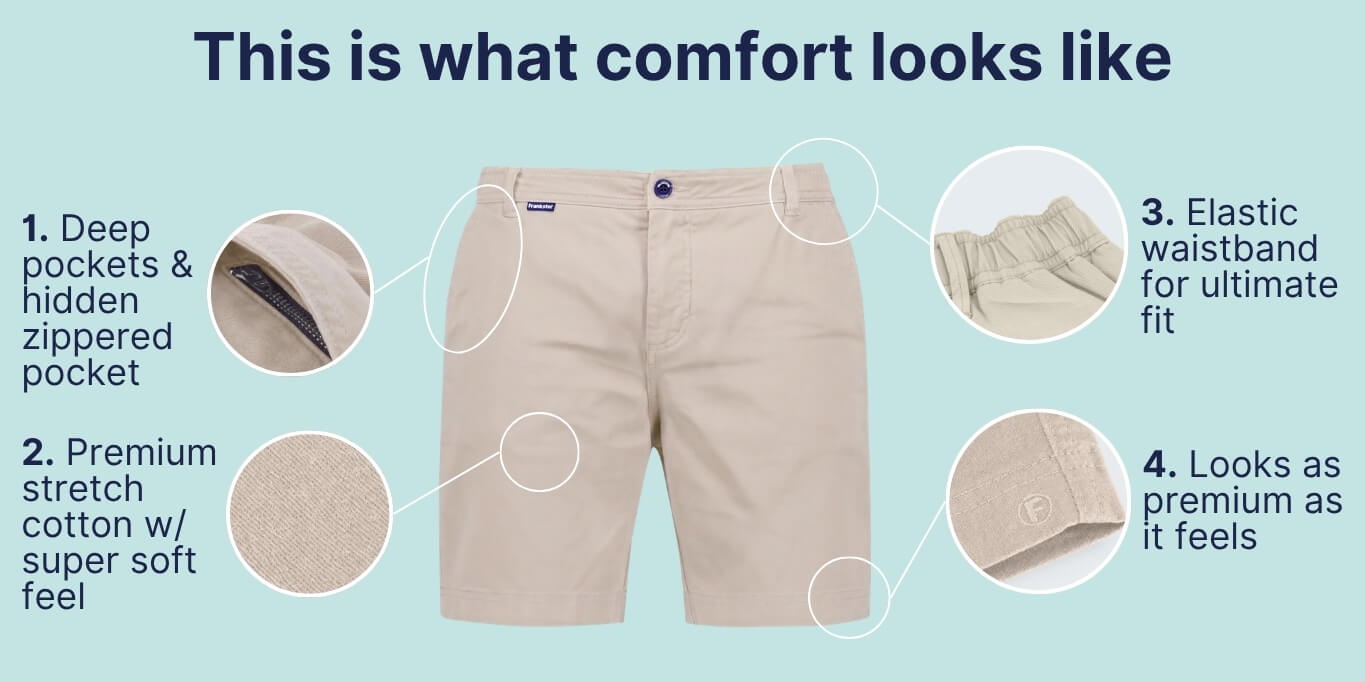 Beige men's shorts made from premium stretch cotton with a super soft feel, featuring deep pockets, a hidden zippered pocket, and an elastic waistband for ultimate comfort and fit.
