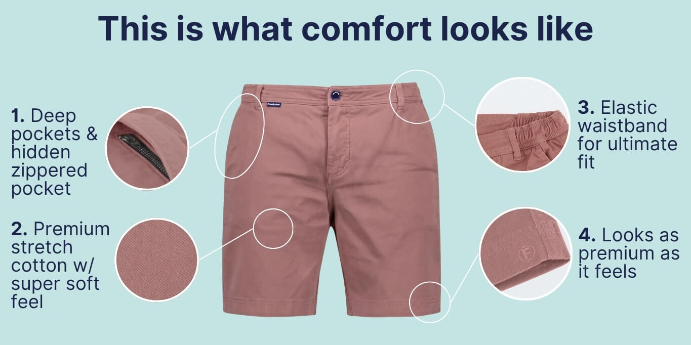 Men's shorts in a muted reddish-brown color made from premium stretch cotton with a soft texture, featuring deep pockets, a hidden zippered pocket, and an elastic waistband for comfort.