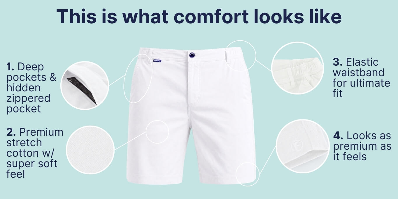 White men's shorts made from premium stretch cotton with a super soft feel, featuring deep pockets, a hidden zippered pocket, and an elastic waistband for comfort.