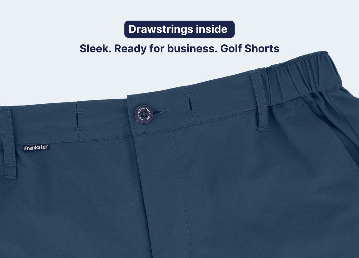 Navy Men's Shorts in smooth fabric with an elasticated waistband belt loops button closure and drawstrings inside for golf wear