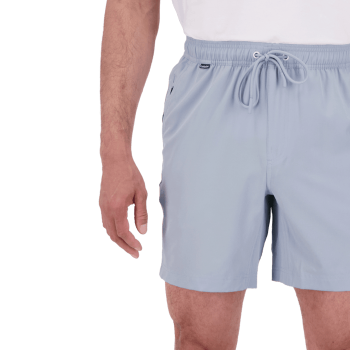 Light blue Men's Shorts in lightweight woven fabric, shown on a model with an elasticated drawstring waistband and side pocket