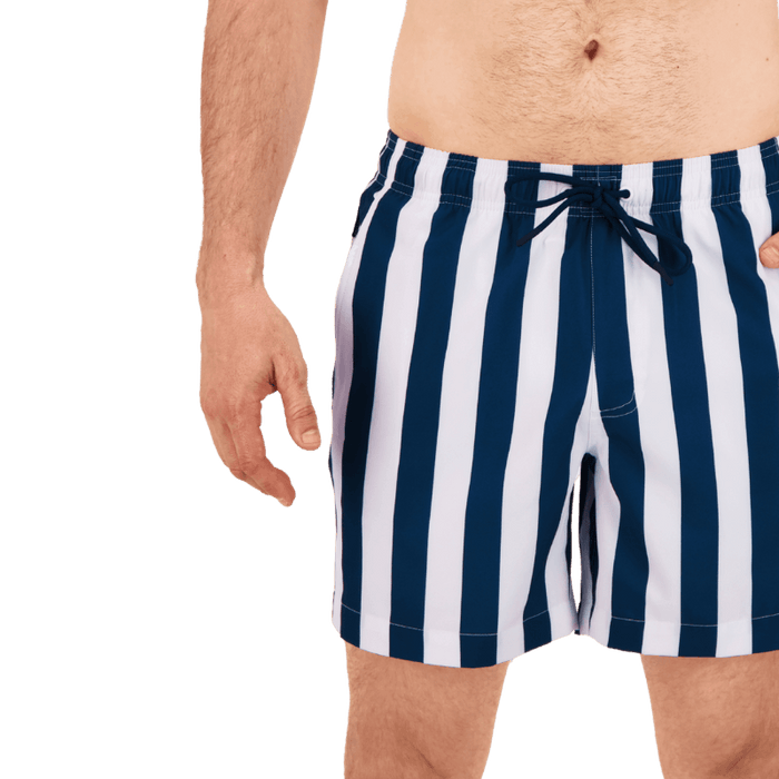 Navy and white striped Men's Shorts with a drawstring and partly elasticated waistband shown on a model