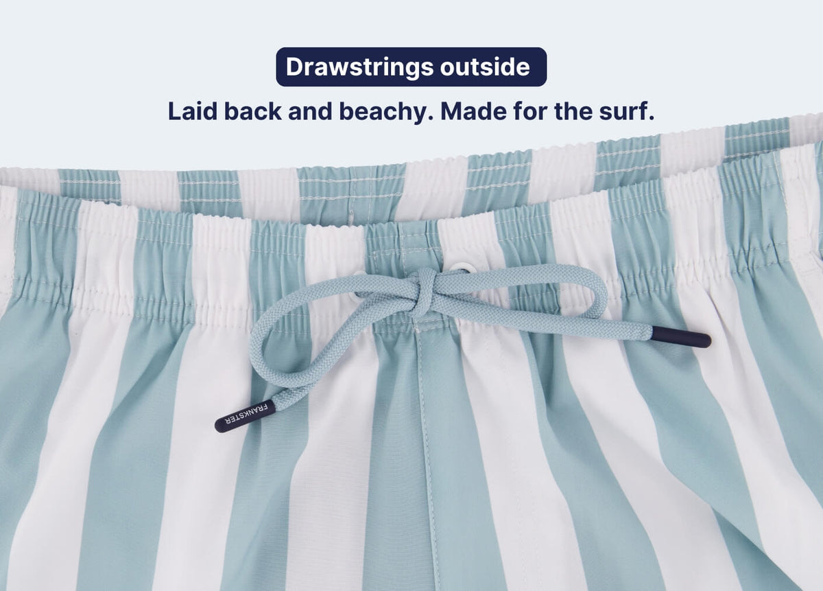 Blue and white striped Men's Shorts waistband with an external drawstring and partly elasticated waist detail