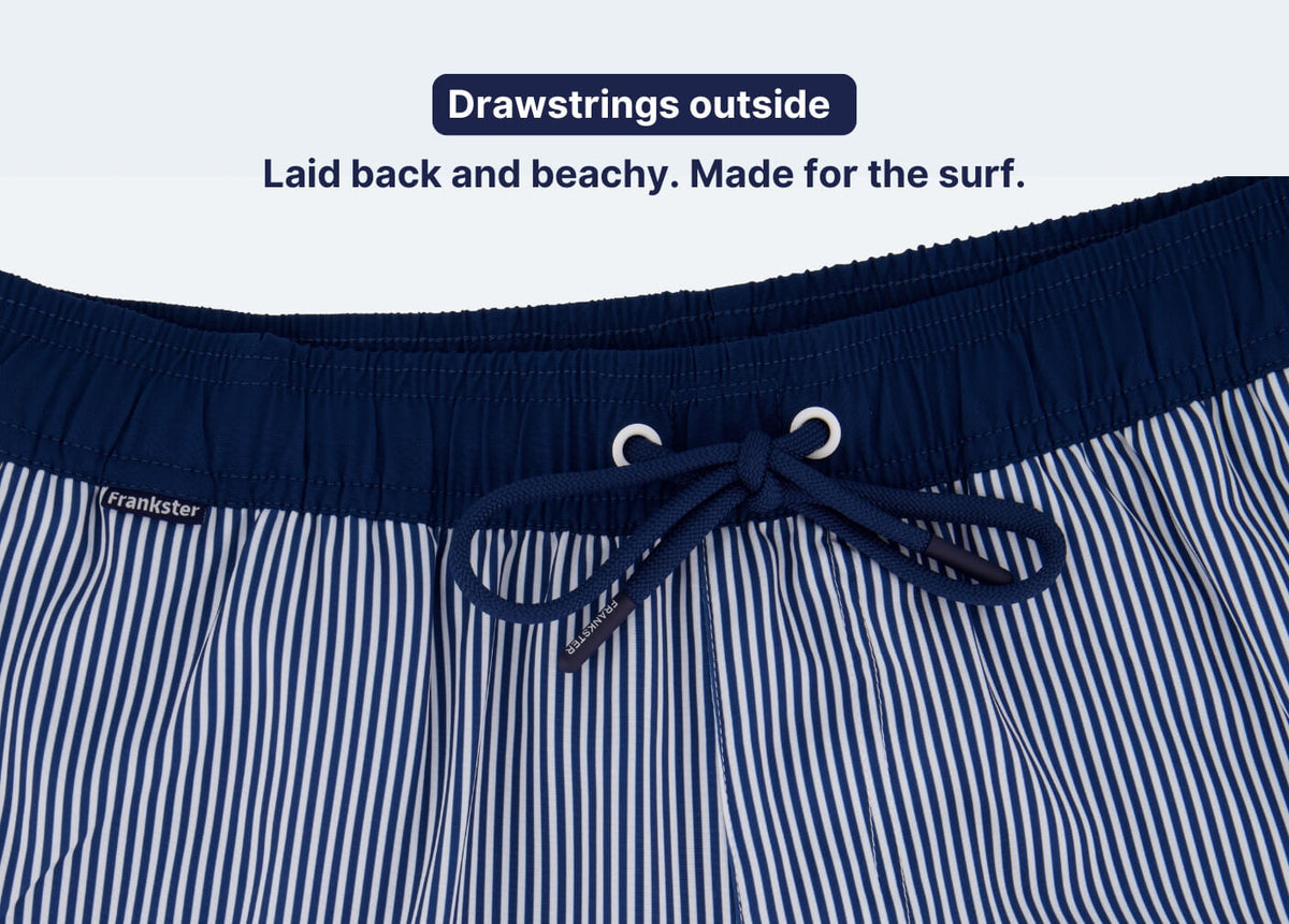 Men's Shorts in navy and white vertical stripes with an external drawstring waistband and visible Frankster label