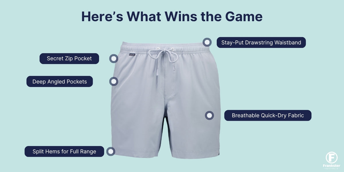 Infographic of light grey Men's Shorts with a drawstring waistband, secret zip pocket, angled pockets and breathable quick dry fabric