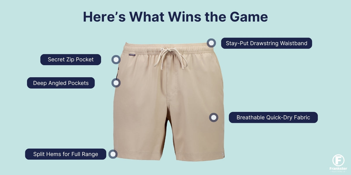 Beige Men's Shorts infographic highlighting breathable quick-dry fabric, secret zip pocket, angled pockets, drawstring waistband and split hems