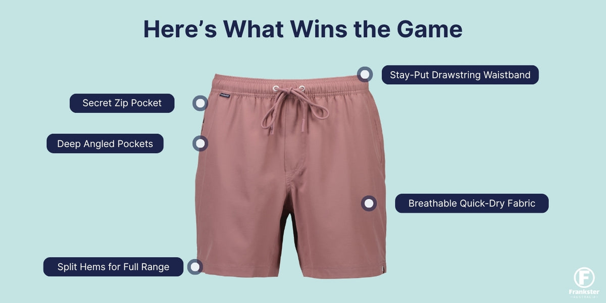 Infographic showing dusty rose Men's Shorts with breathable quick dry fabric, drawstring waistband, angled pockets and split hems