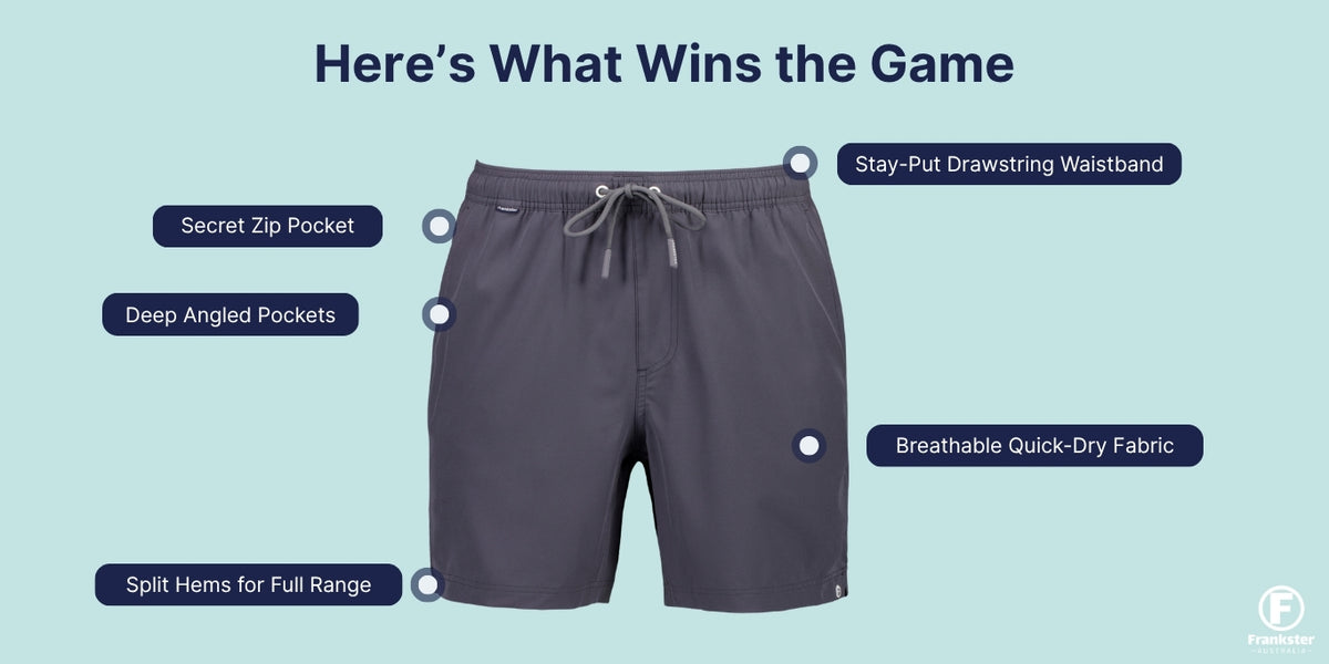 Graphic showing charcoal Men's Shorts in breathable quick dry fabric with a drawstring waistband and angled pockets