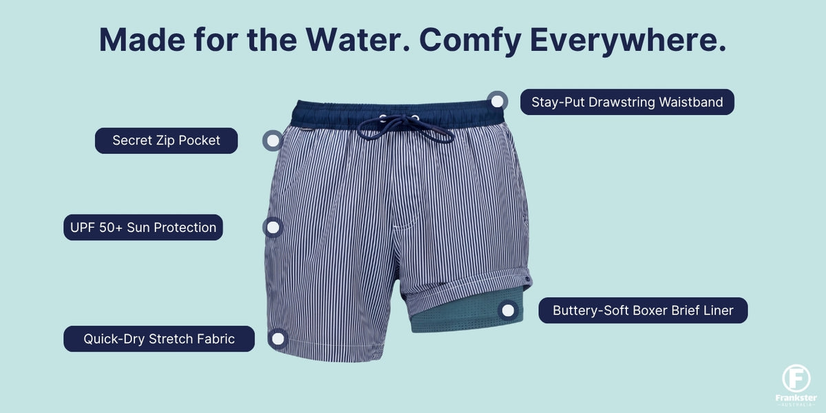 Graphic of blue and white pinstripe Men's Shorts with quick dry stretch fabric labels and callouts for waistband liner pocket and sun protection