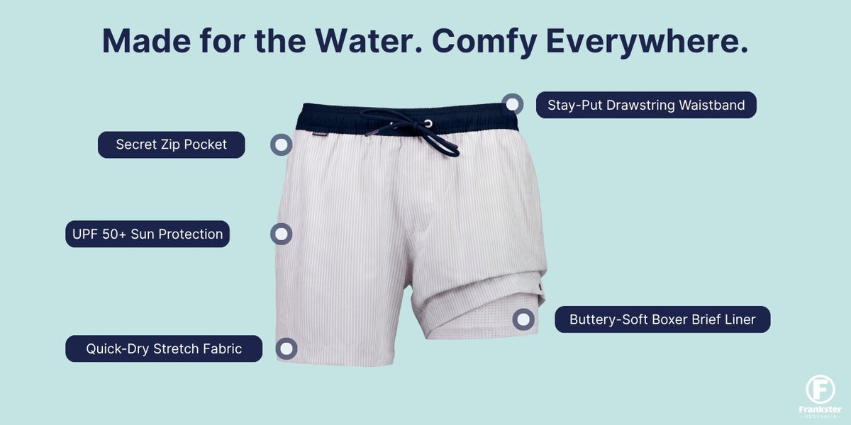 Light pink Men's Shorts graphic with quick dry stretch fabric and labels for a secret zip pocket and drawstring waistband