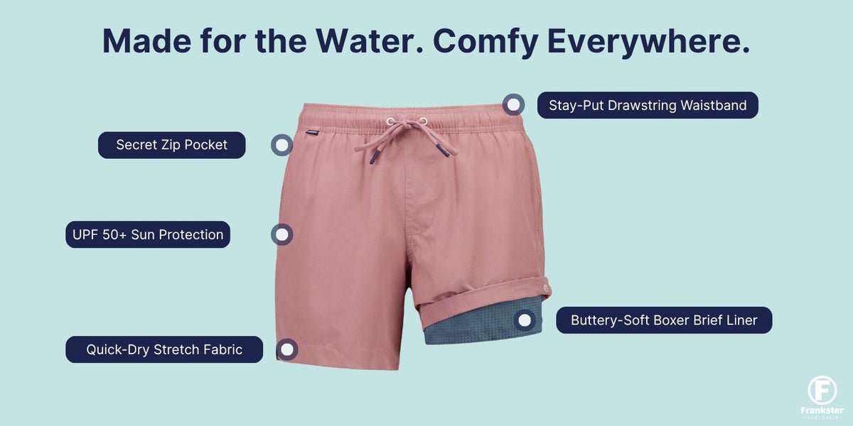 Pink Men's Shorts in quick-dry stretch fabric with a drawstring waistband, secret zip pocket, and boxer brief liner