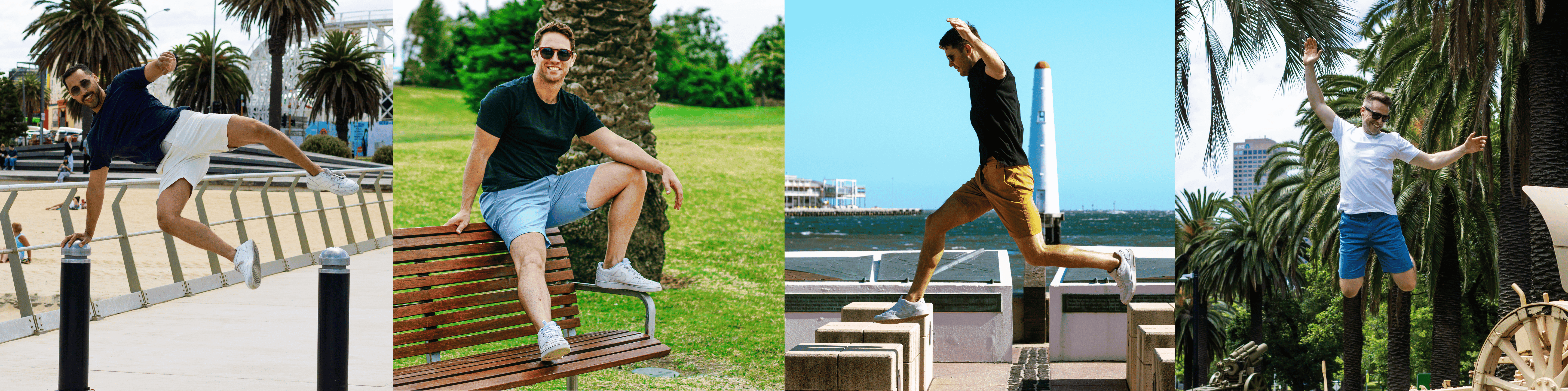 A man with a beard in various lively poses: jumping over a rail near the beach, sitting on a park bench under palm trees, leaping with joy beside a body of water, and playfully dancing in a park. He wears casual summer outfits including frankster shorts in each scene.