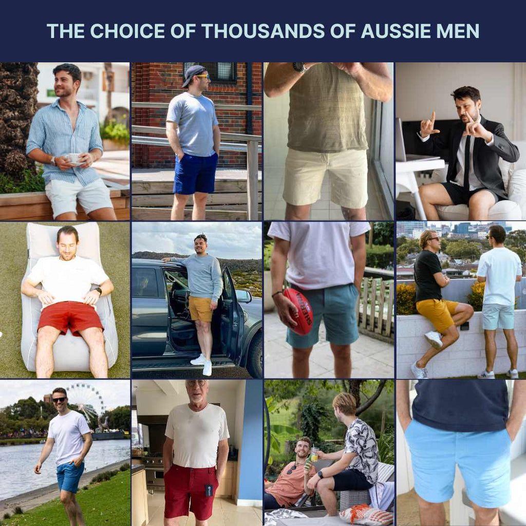 Photo Collage of Men wearing Frankster Shorts. The Choice of Thousands of australian Men