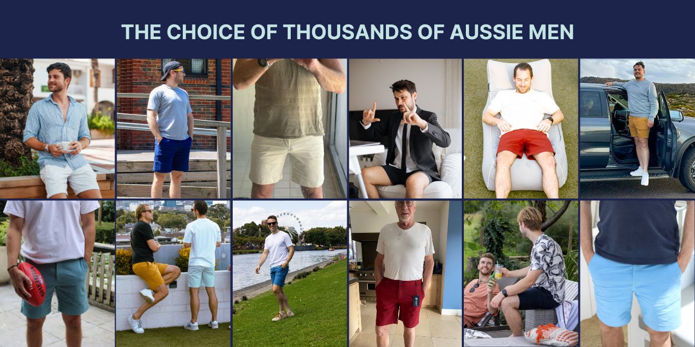 Photo Collage of Men wearing Frankster Shorts. The Choice of Thousands of australian Men