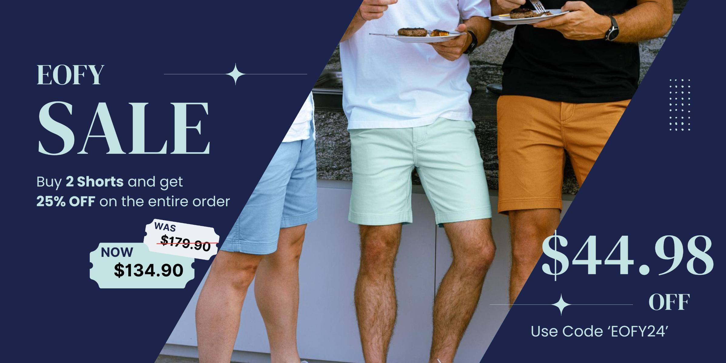 Hero Banner with EOFY24 Announcement. 3 guys wearing frankster shorts_versatile, comfort & perfect. Your new Favourite Everyday shorts