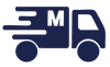 Blue delivery truck icon with motion lines on the left side and the letter M on its cargo area against a white background