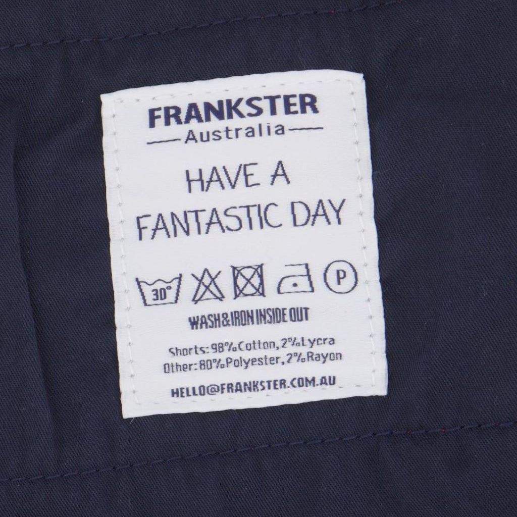 A clothing label from Frankster's Australia includes washing instructions and the message "Have a fantastic day." It lists fabric contents: 98% light green stretch cotton and 2% lycra for the men's shorts, and 80% polyester and 20% rayon for another item. Contact: hello@frankster.com.au.