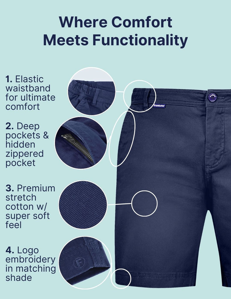 Where Comfort Meets Functionality. Highlighting the key points of Frankster Shorts on Comfort and functionality. The Chillers Frankster Dark Blue Stretch Cotton Men Shorts