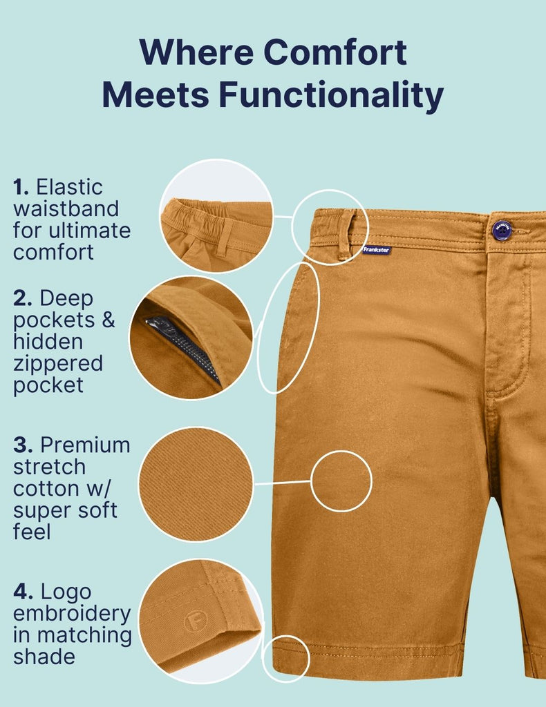 Where Comfort Meets Functionality. Highlighting the key points of Frankster Shorts on Comfort and functionality. The Goldens Frankster Dark Yellow Stretch Cotton Men Shorts