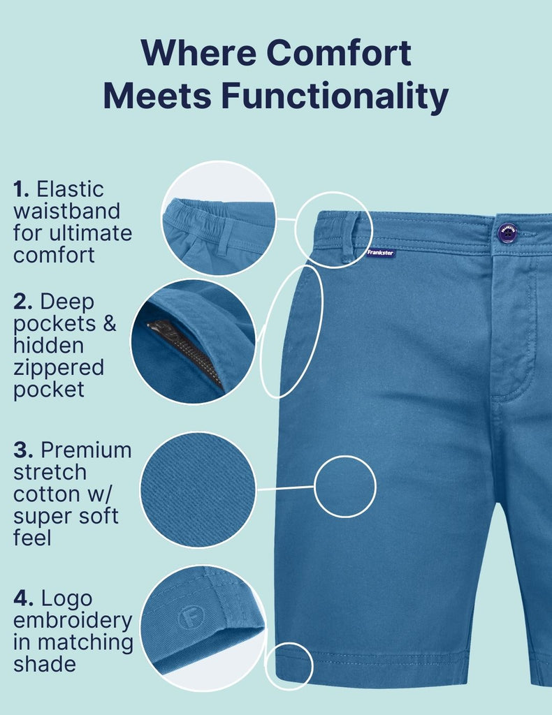 Where Comfort Meets Functionality. Highlighting the key points of Frankster Shorts on Comfort and functionality. The Harbors Frankster Mid Blue Stretch Cotton Men Shorts