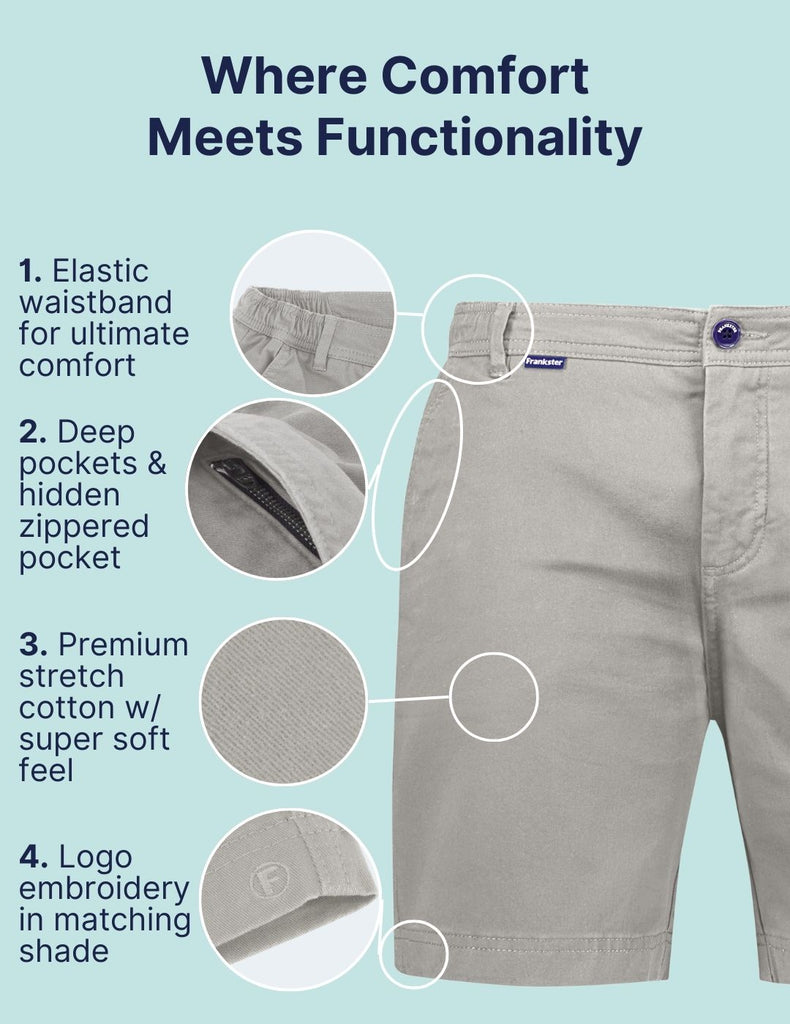 Where Comfort Meets Functionality. Highlighting the key points of Frankster Shorts on Comfort and functionality. The Lunars Frankster Light Grey Stretch Cotton Men Shorts