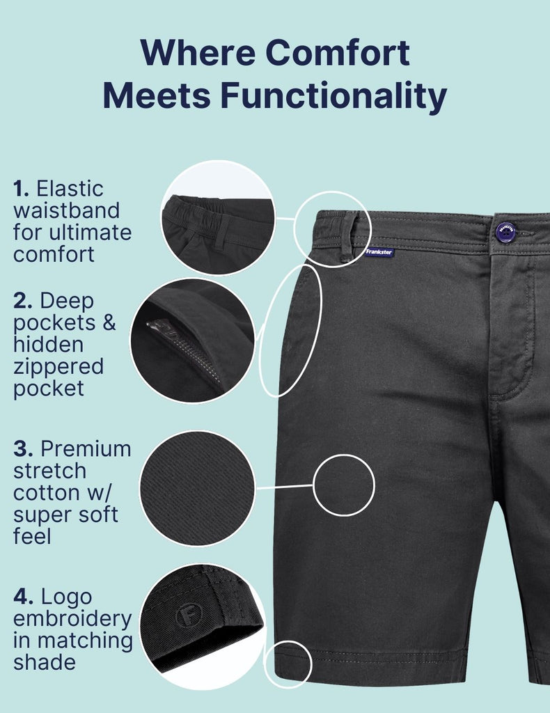 Where Comfort Meets Functionality. Highlighting the key points of Frankster Shorts on Comfort and functionality. The Midnights Frankster Black Stretch Cotton Men Shorts