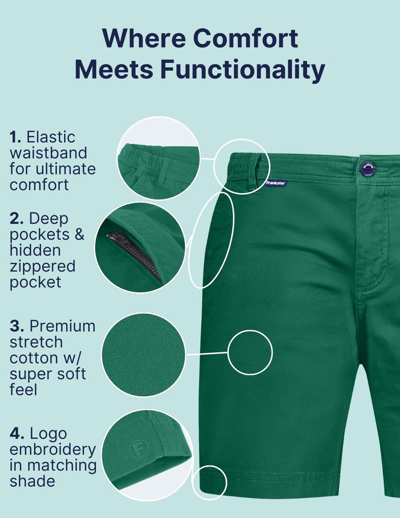 Where Comfort Meets Functionality. Highlighting the key points of Frankster Shorts on Comfort and functionality. The Tropics Frankster Green Stretch Cotton Men Shorts