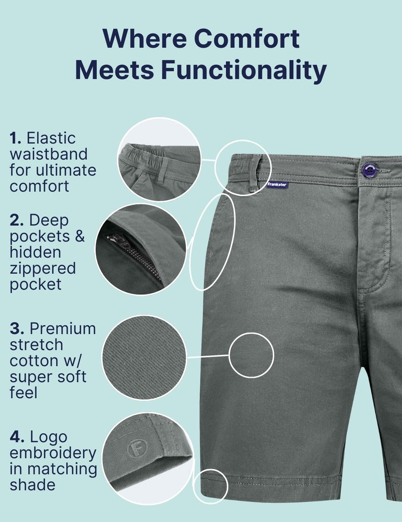 Where Comfort Meets Functionality. Highlighting the key points of Frankster Shorts on Comfort and functionality. The Urbanites Frankster Grey Stretch Cotton Men Shorts