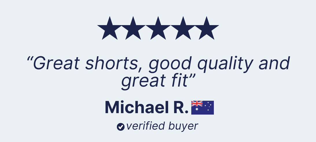 A five-star rating is shown above a customer review that reads, "Great shorts, good quality and great fit." These dark blue stretch cotton men's shorts have won over Michael R., who is marked as a verified buyer with an Australian flag icon.