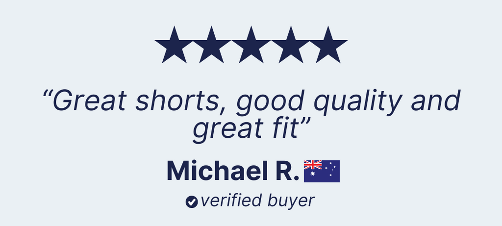 A five-star rating is shown above a customer review that reads, "Great shorts, good quality and great fit." These dark blue stretch cotton men's shorts have won over Michael R., who is marked as a verified buyer with an Australian flag icon.