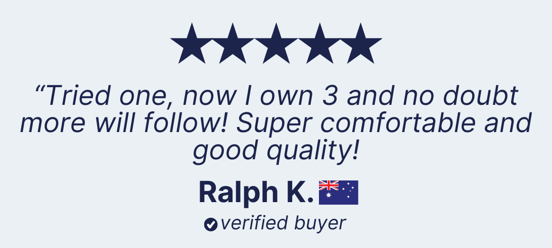 An image displaying a five-star rating and a testimonial. The testimonial reads, "Tried the light blue shorts, now I own 3 and no doubt more will follow! Super comfortable and good quality!" At the bottom, it shows "Ralph K." with an Australian flag and a checkmark with "verified buyer.