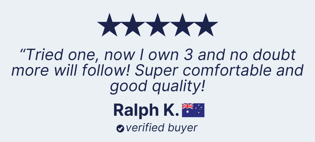An image displaying a five-star rating and a testimonial. The testimonial reads, "Tried the light blue shorts, now I own 3 and no doubt more will follow! Super comfortable and good quality!" At the bottom, it shows "Ralph K." with an Australian flag and a checkmark with "verified buyer.