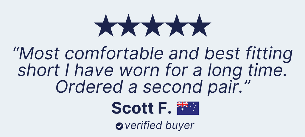 A review with a five-star rating. Reviewer Scott F. describes the men's shorts as the "most comfortable and best fitting short I have worn for a long time" and mentions ordering a second pair in mid blue stretch cotton. The review includes an Australian flag next to the reviewer's name and a verified buyer badge.