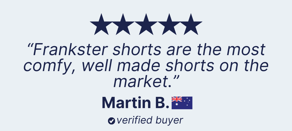 A product review image featuring five dark blue stars at the top. Below is a testimonial stating: "Super comfortable and well made. Bought a pair of stretch cotton men's shorts in army green, tried them on, and ordered a second pair before I sat down." There is a name "Matt B." with an Australian flag icon and a "verified buyer" label.