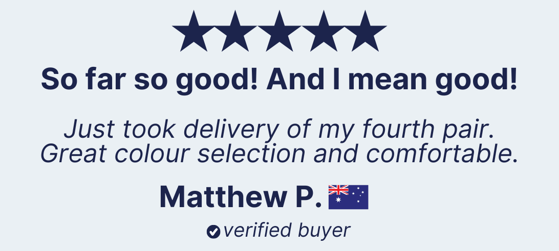 Customer review graphic showing five-star rating with text praising the great colour selection and comfortable fit of men's shorts, attributed to a verified buyer named Matthew P. with an Australian flag icon.