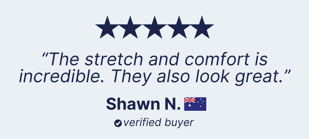A customer review image with a 5-star rating. The review reads: "The stretch and comfort of these men's shorts is incredible. They also look great." The reviewer is "Shawn N." from Australia, denoted by a small Australian flag, labeled as a verified buyer.