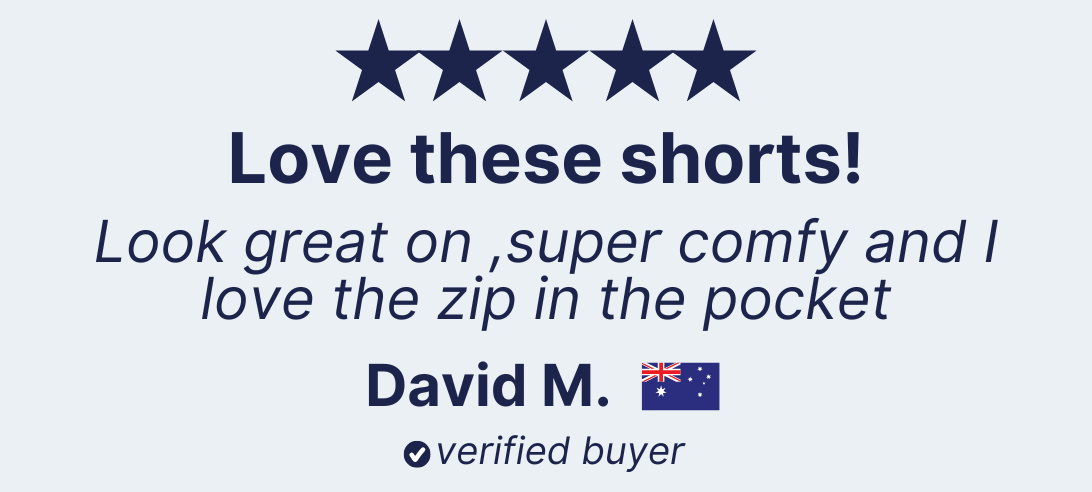 Five-star rating with a customer review stating the men's shorts look great, are super comfy, and have a zippered pocket, attributed to David M. from Australia.