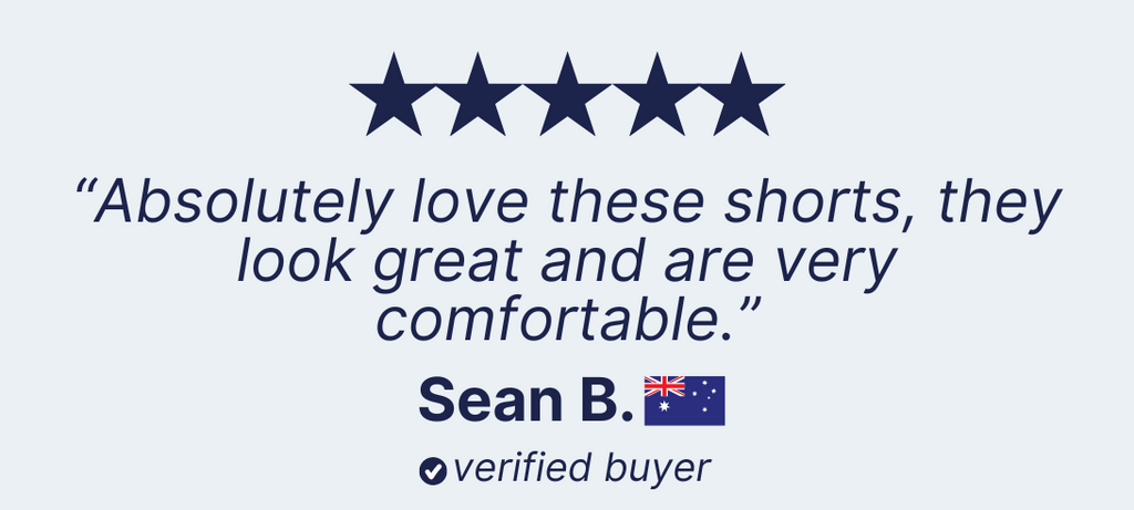 A 5-star review graphic. Text reads: "Absolutely love these Frankster green stretch cotton men's shorts, they look great and are very comfortable." Below the quote, it says "Sean B.," accompanied by an Australian flag and a verified buyer checkmark.