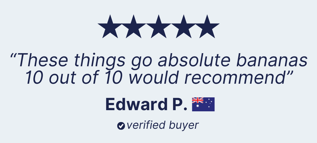 Five-star review with the quote, "These stretch cotton men's shorts go absolute bananas 10 out of 10 would recommend," by Edward P., a verified buyer, accompanied by the flag of Australia.