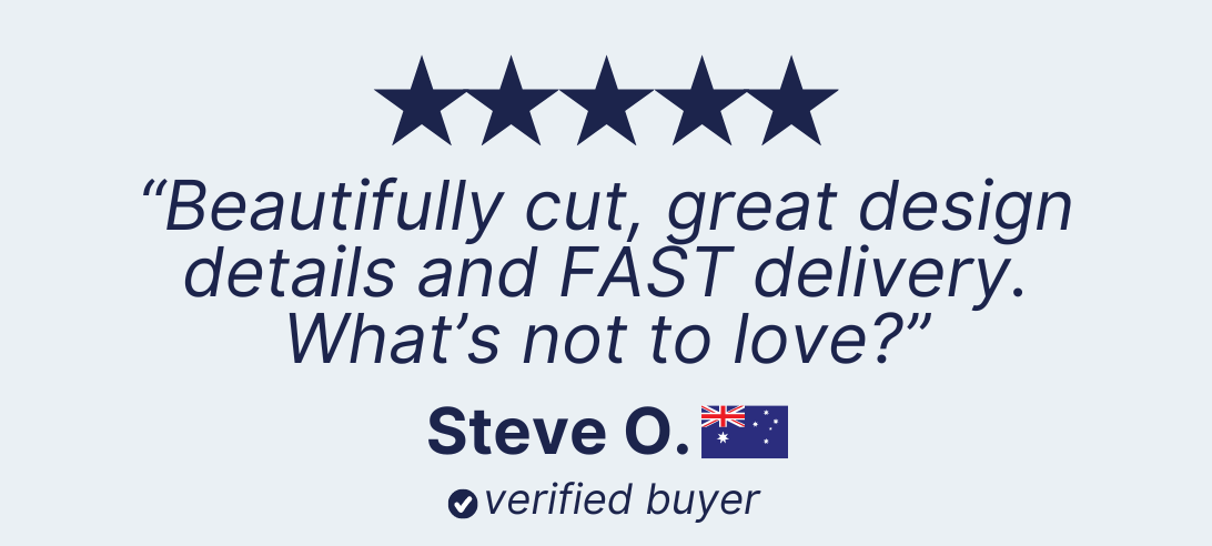 An image of a 5-star review with dark blue stars. Text reads: "Beautifully cut, great design details, and FAST delivery on my black stretch cotton men's shorts. What's not to love?" Below this, there is the name "Steve O." with an Australian flag emoji and a checkmark, indicating a verified buyer.