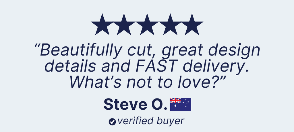 An image of a 5-star review with dark blue stars. Text reads: "Beautifully cut, great design details, and FAST delivery on my black stretch cotton men's shorts. What's not to love?" Below this, there is the name "Steve O." with an Australian flag emoji and a checkmark, indicating a verified buyer.