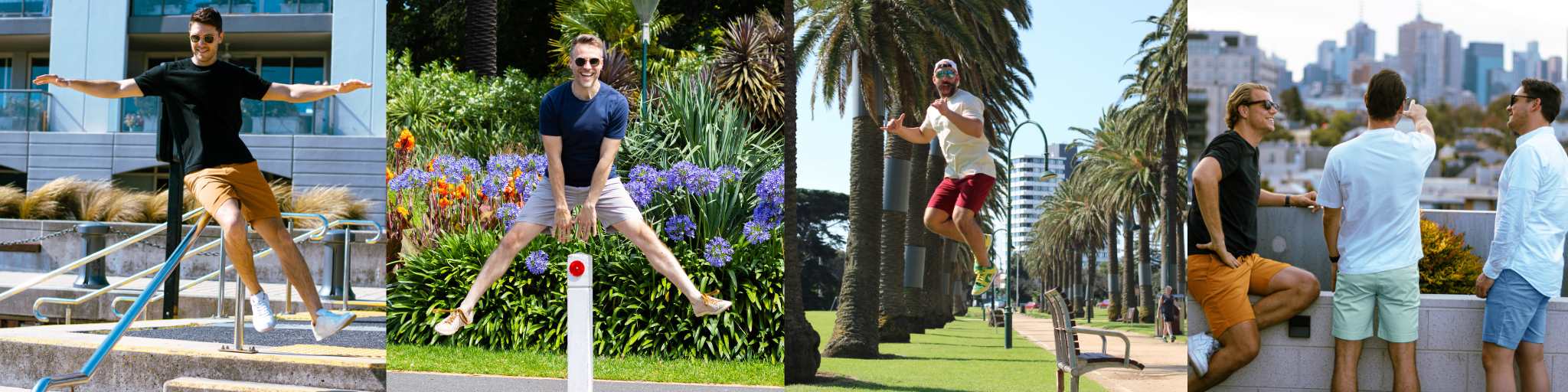 A collage shows four photos of a man enjoying sunny outdoor locations, all wearing Frankster shorts. He is seen leaping mid-air in various settings: near a building, in front of flowers, by palm trees, and chatting with two men by a cityscape view.