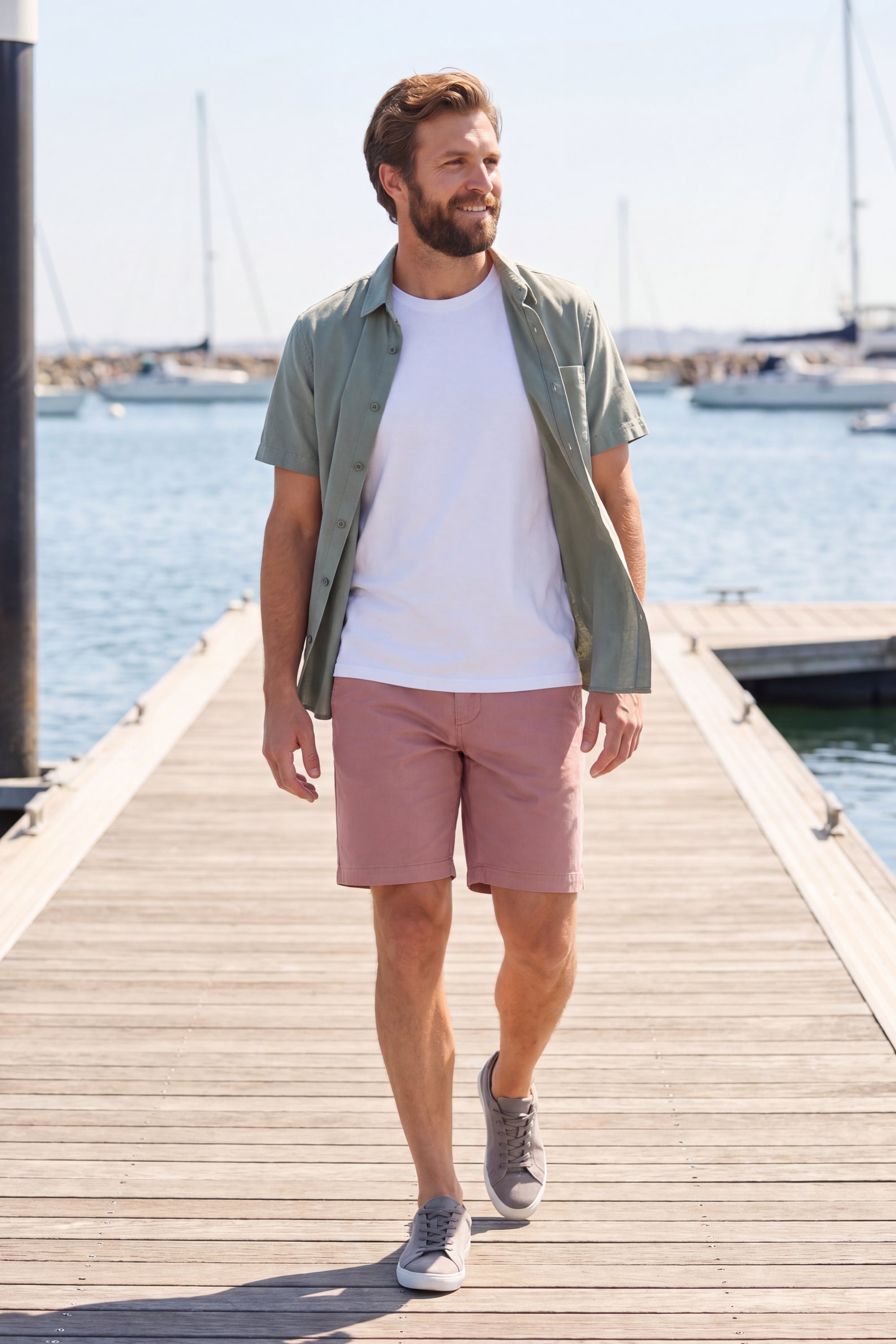 Man walking on a dock wearing dusty pink Sundowners * The Everydays men's shorts by Frankster, featuring lightweight, comfortable fabric perfect for casual wear.