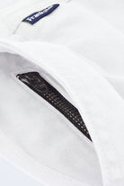 Close-up of white fabric men's shorts from Frankster featuring a black zipper pocket detail, highlighting comfort and premium material from Whitecaps * The Everydays.