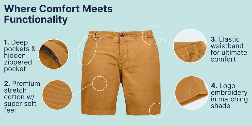 Where Comfort Meets Functionality. Highlighting the key points of Frankster Shorts on Comfort and functionality. The Goldens Frankster Dark Yellow Stretch Cotton Men Shorts