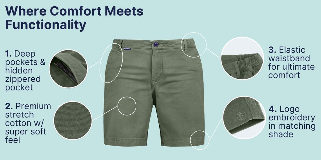 Where Comfort Meets Functionality. Highlighting the key points of Frankster Shorts on Comfort and functionality The Rebels Army Green Stretch Cotton Men Shorts